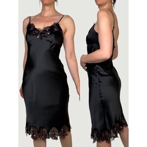 Cache Vintage Y2K 100% Silk Lace Sequin Slip Dress Small Black Satin S 6